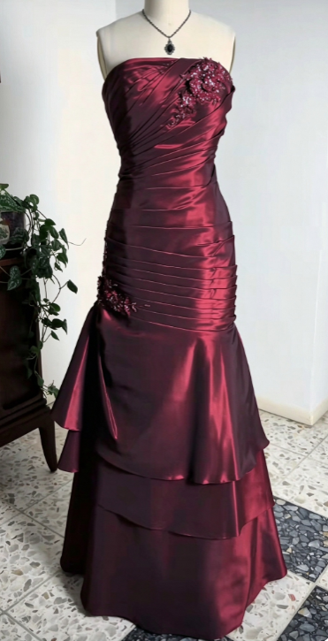 Strapless Burgundy Prom Dress Sheath Long Satin Evening Dress ED10955