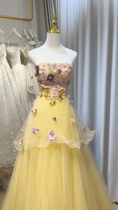 Strapless Yellow Prom Dress A-Line Long Tulle Evening Dress ED10956