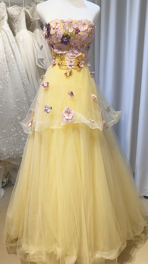 Strapless Yellow Prom Dress A-Line Long Tulle Evening Dress ED10956