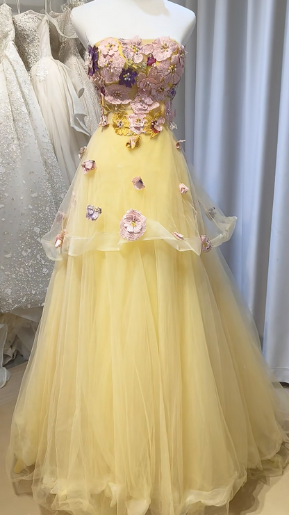 Strapless Yellow Prom Dress A-Line Long Tulle Evening Dress ED10956