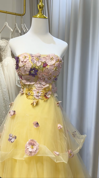Strapless Yellow Prom Dress A-Line Long Tulle Evening Dress ED10956