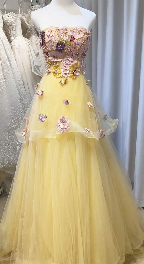 Strapless Yellow Prom Dress A-Line Long Tulle Evening Dress ED10956