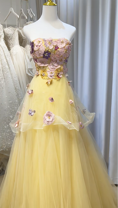 Strapless Yellow Prom Dress A-Line Long Tulle Evening Dress ED10956