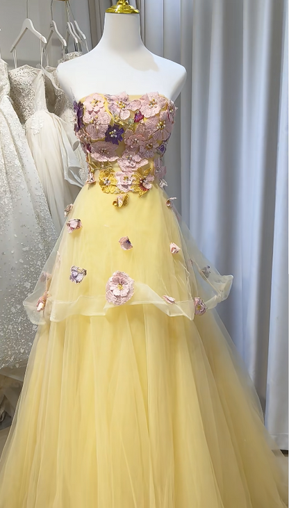 Strapless Yellow Prom Dress A-Line Long Tulle Evening Dress ED10956
