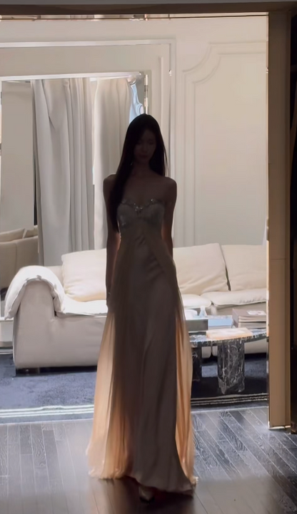 Robe de bal champagne bustier fourreau longue en mousseline robe de soirée ED10957