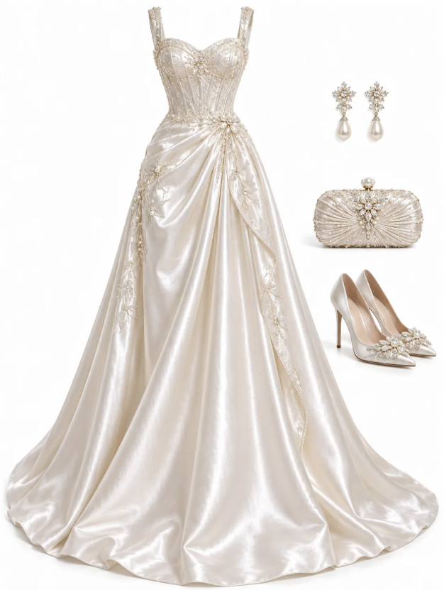 Straps Champagne Prom Dress A-Line Long Satin Evening Dress ED10961