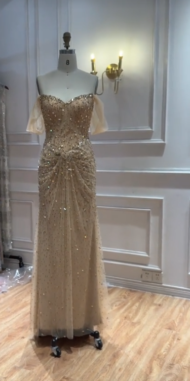 Gold Prom Dress Sheath Long Tulle Evening Dress ED10963