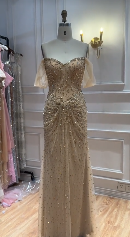 Gold Prom Dress Sheath Long Tulle Evening Dress ED10963