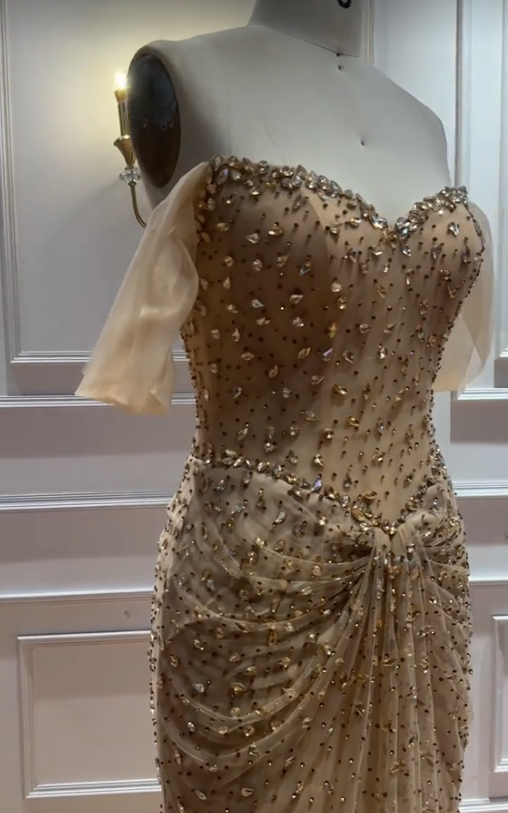 Gold Prom Dress Sheath Long Tulle Evening Dress ED10963