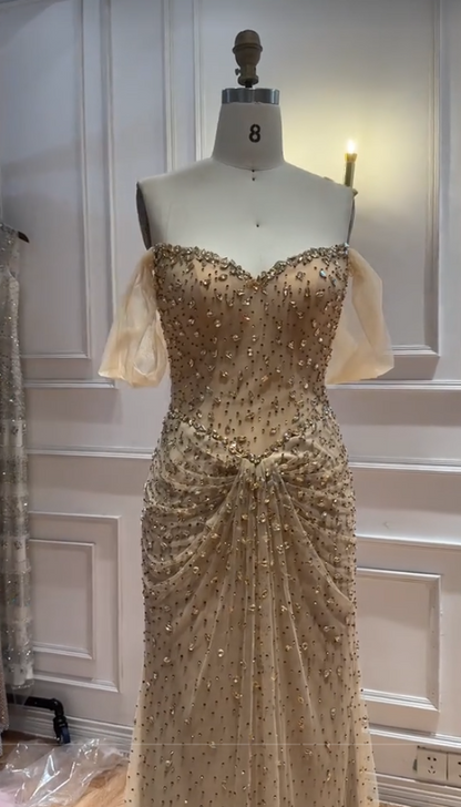 Gold Prom Dress Sheath Long Tulle Evening Dress ED10963