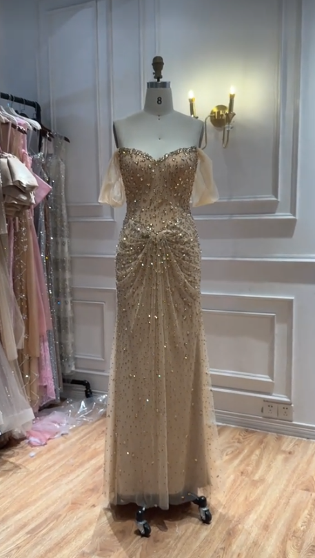 Gold Prom Dress Sheath Long Tulle Evening Dress ED10963