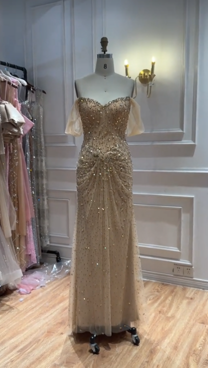 Gold Prom Dress Sheath Long Tulle Evening Dress ED10963
