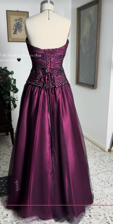 Dark Purple Beaded Prom Dress A-Line Long Satin Evening Dress ED10964