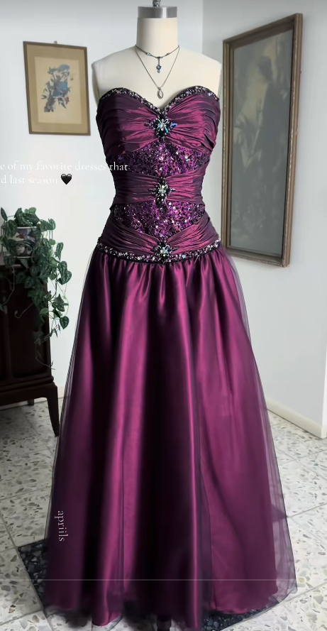 Dark Purple Beaded Prom Dress A-Line Long Satin Evening Dress ED10964