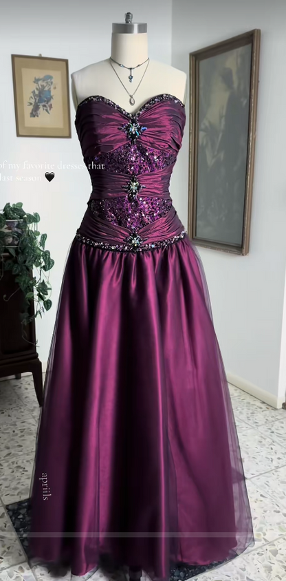 Dark Purple Beaded Prom Dress A-Line Long Satin Evening Dress ED10964