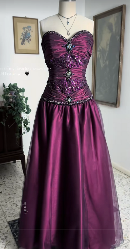 Dark Purple Beaded Prom Dress A-Line Long Satin Evening Dress ED10964