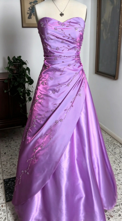 Lilac Beaded Prom Dress A-Line Long Satin Evening Dress ED10965