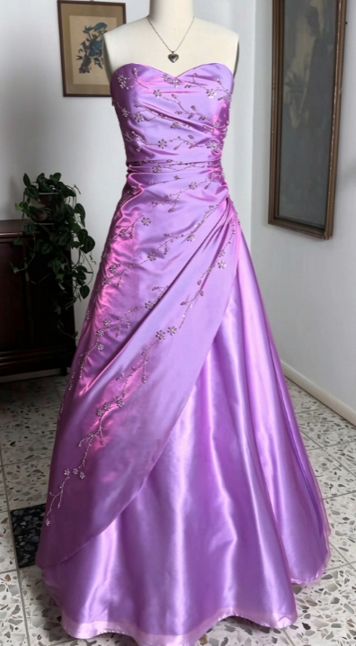 Lilac Beaded Prom Dress A-Line Long Satin Evening Dress ED10965