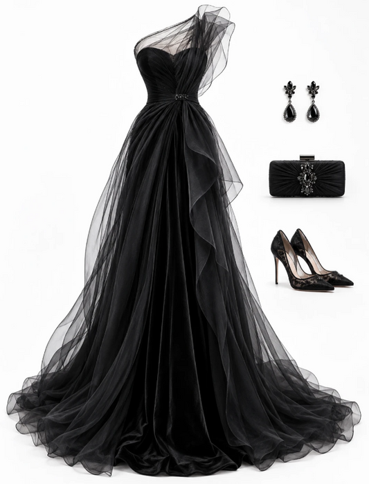 Black Prom Dress Sheath Long Tulle Evening Dress ED10966