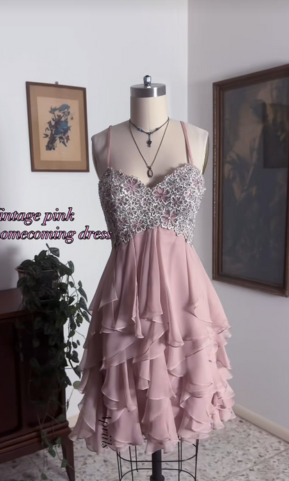 Straps Pink Short Homecoming Dress Sheath Chiffon Birthday Party Dress ED10969