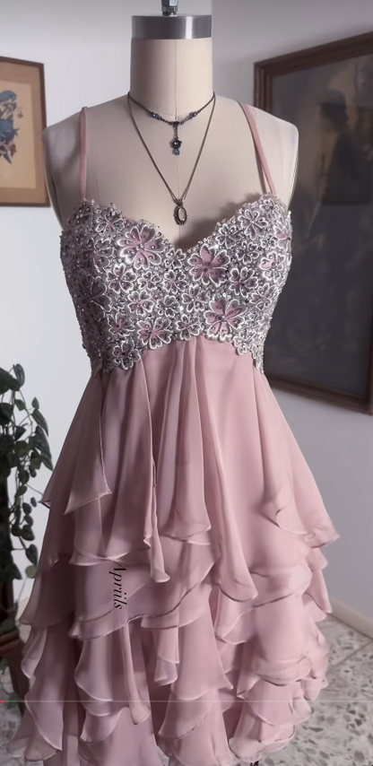 Straps Pink Short Homecoming Dress Sheath Chiffon Birthday Party Dress ED10969