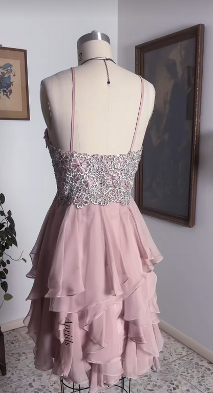 Straps Pink Short Homecoming Dress Sheath Chiffon Birthday Party Dress ED10969