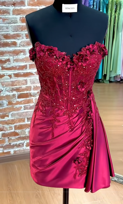 Sweetheart Red Short Homecoming Dress, Beaded Satin Birthday Party Dress ED10973