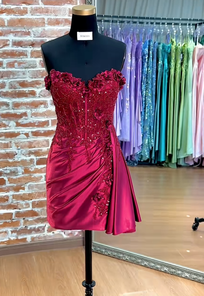 Sweetheart Red Short Homecoming Dress, Beaded Satin Birthday Party Dress ED10973