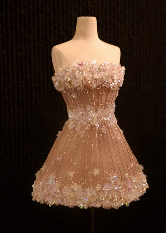 Robe de soirée courte sans bretelles couleur champagne, robe de fête d'anniversaire en tulle ED10975