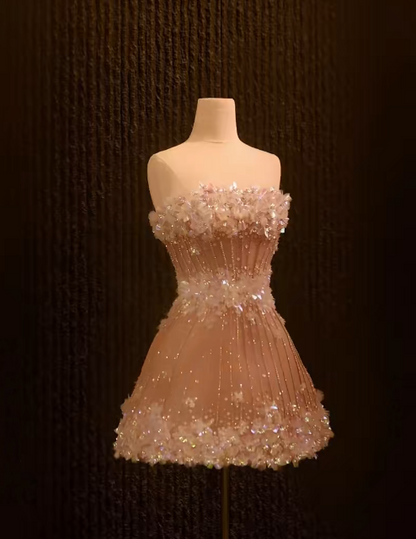 Robe de soirée courte sans bretelles couleur champagne, robe de fête d'anniversaire en tulle ED10975