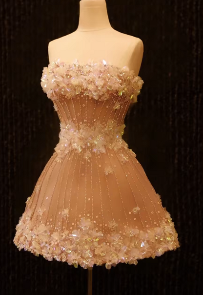 Robe de soirée courte sans bretelles couleur champagne, robe de fête d'anniversaire en tulle ED10975