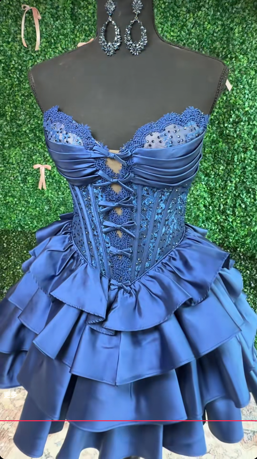 Sweetheart Navy Blue Short Homecoming Dress, Satin Birthday Party Dress ED10977