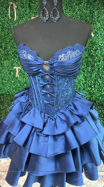 Sweetheart Navy Blue Short Homecoming Dress, Satin Birthday Party Dress ED10977
