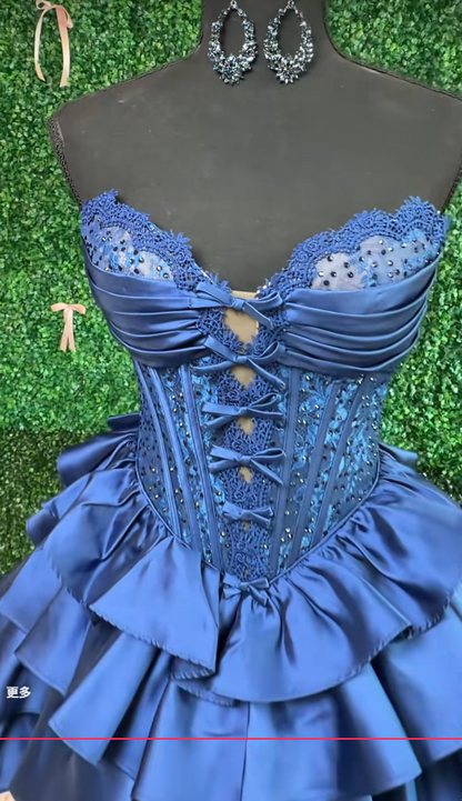 Sweetheart Navy Blue Short Homecoming Dress, Satin Birthday Party Dress ED10977