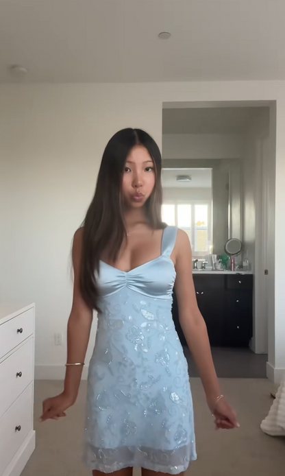 Blue Beaded Short Homecoming Dress,Chiffon Birthday Party Dress ED10979