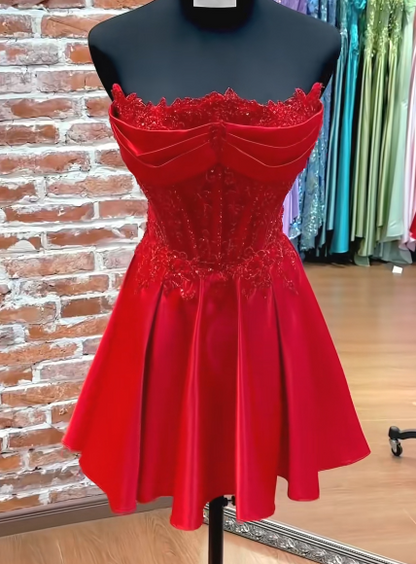 Red Satin Short Homecoming Dress,Strapless Birthday Party Dress ED10980