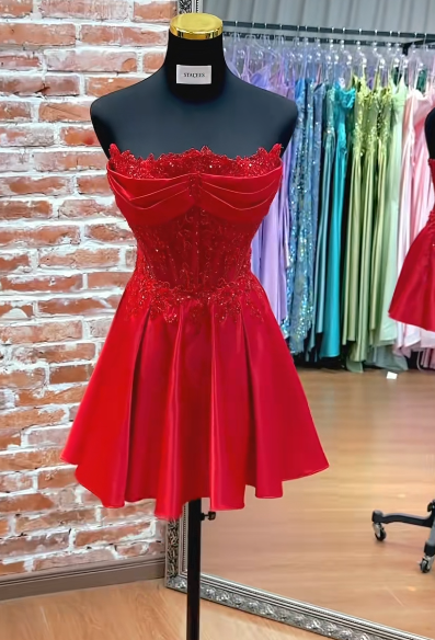 Red Satin Short Homecoming Dress,Strapless Birthday Party Dress ED10980