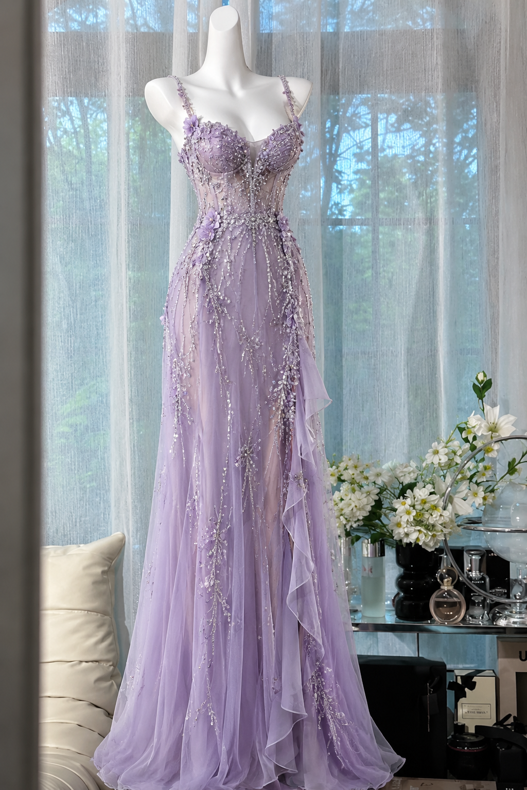 Straps Lilac Prom Dresses Sheath Long Tulle Evening Gowns ED10981