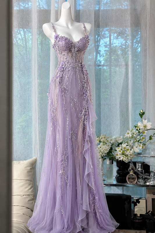 Straps Lilac Prom Dresses Sheath Long Tulle Evening Gowns ED10981