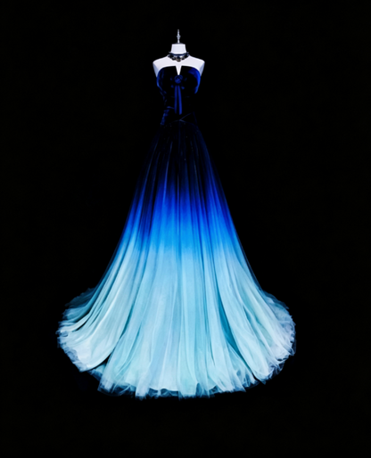 Strapless Blue Prom Dresses A-line Long Tulle Evening Gowns ED10985