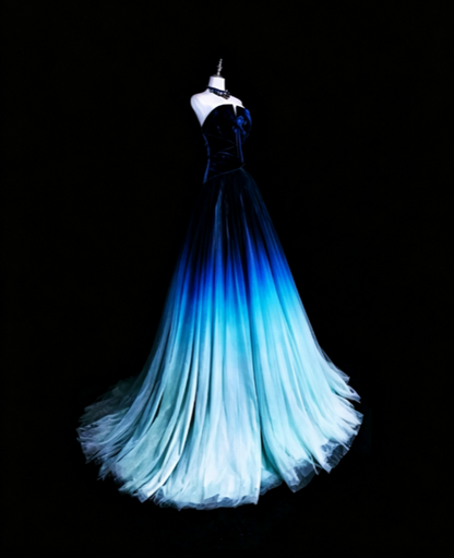 Strapless Blue Prom Dresses A-line Long Tulle Evening Gowns ED10985