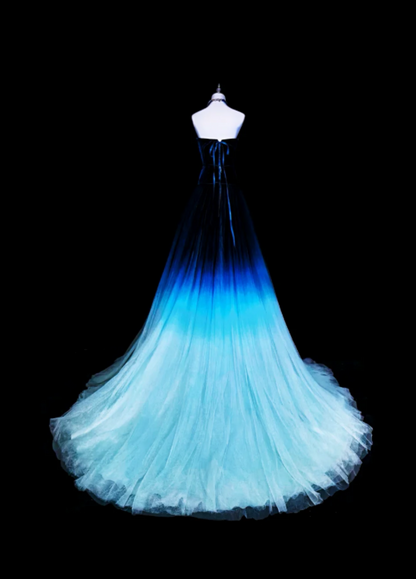 Strapless Blue Prom Dresses A-line Long Tulle Evening Gowns ED10985