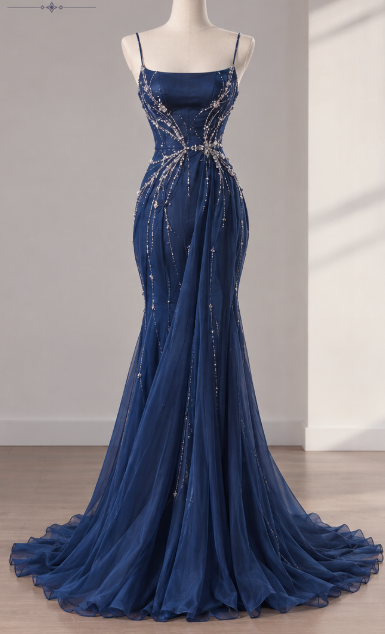 Straps Navy Blue Prom Dresses Mermaid Long Satin Evening Gowns ED10986