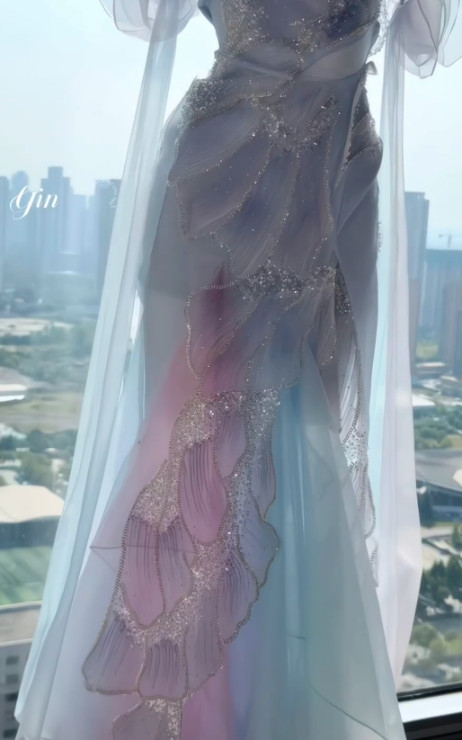 Blue Prom Dresses Sheath Long Tulle Evening Gowns ED10990