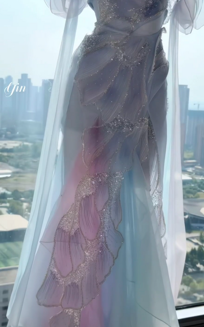 Blue Prom Dresses Sheath Long Tulle Evening Gowns ED10990