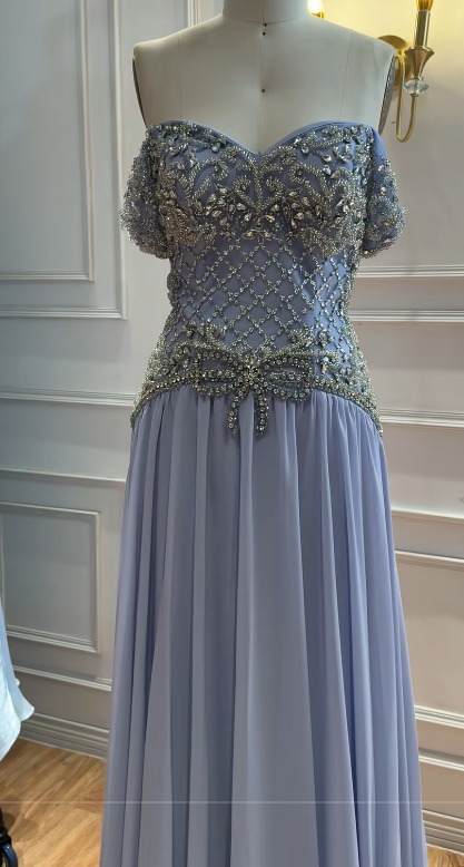 Blue Rhinstones Prom Dresses Sheath Long Chiffon Evening Gowns ED10997