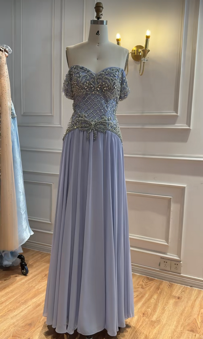 Blue Rhinstones Prom Dresses Sheath Long Chiffon Evening Gowns ED10997