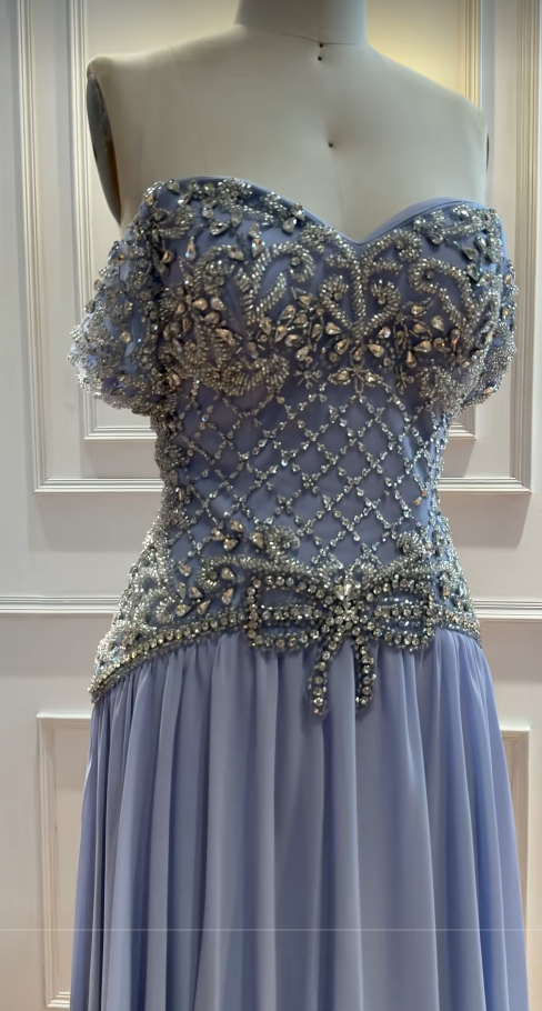 Blue Rhinstones Prom Dresses Sheath Long Chiffon Evening Gowns ED10997