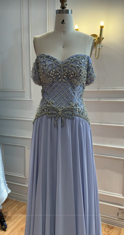 Blue Rhinstones Prom Dresses Sheath Long Chiffon Evening Gowns ED10997