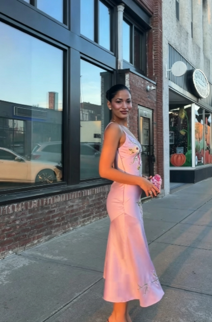 Pink Beaded Prom Dresses Sheath Long Satin Evening Gowns ED10998